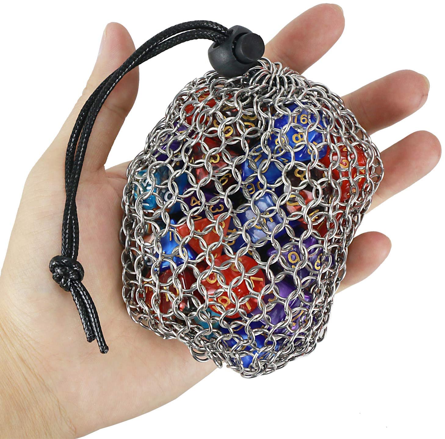 YOUSHARES Drawstring D&D Game Dice Bag - Stainless Steel Chainmail Dice Bag for Dungeons and Dragons Dice Set (Hold 42 DND Dice, Blue) - Image 2
