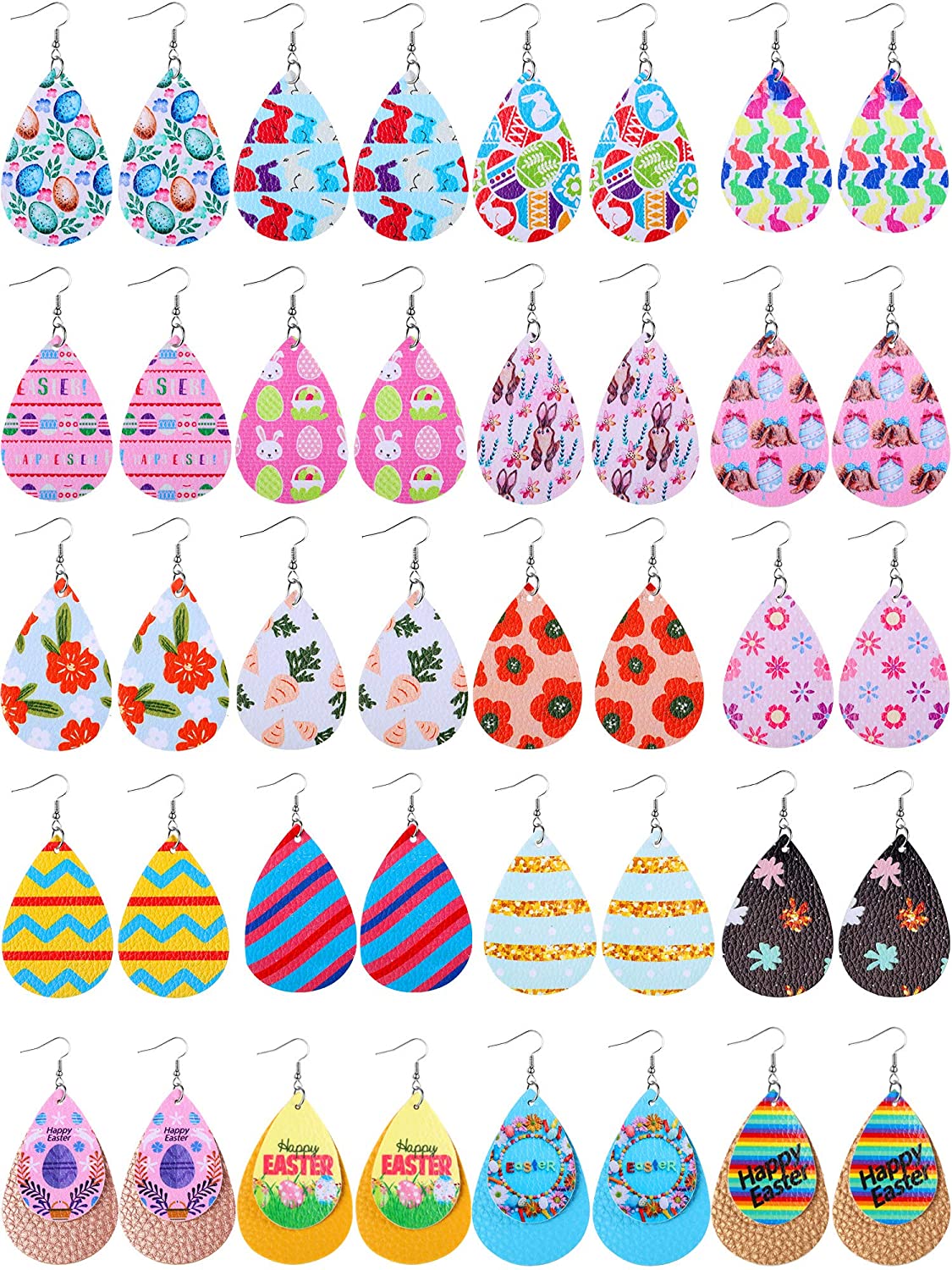 20 Pairs Easter Faux Leather Earrings Teardrop Lightweight Rabbit