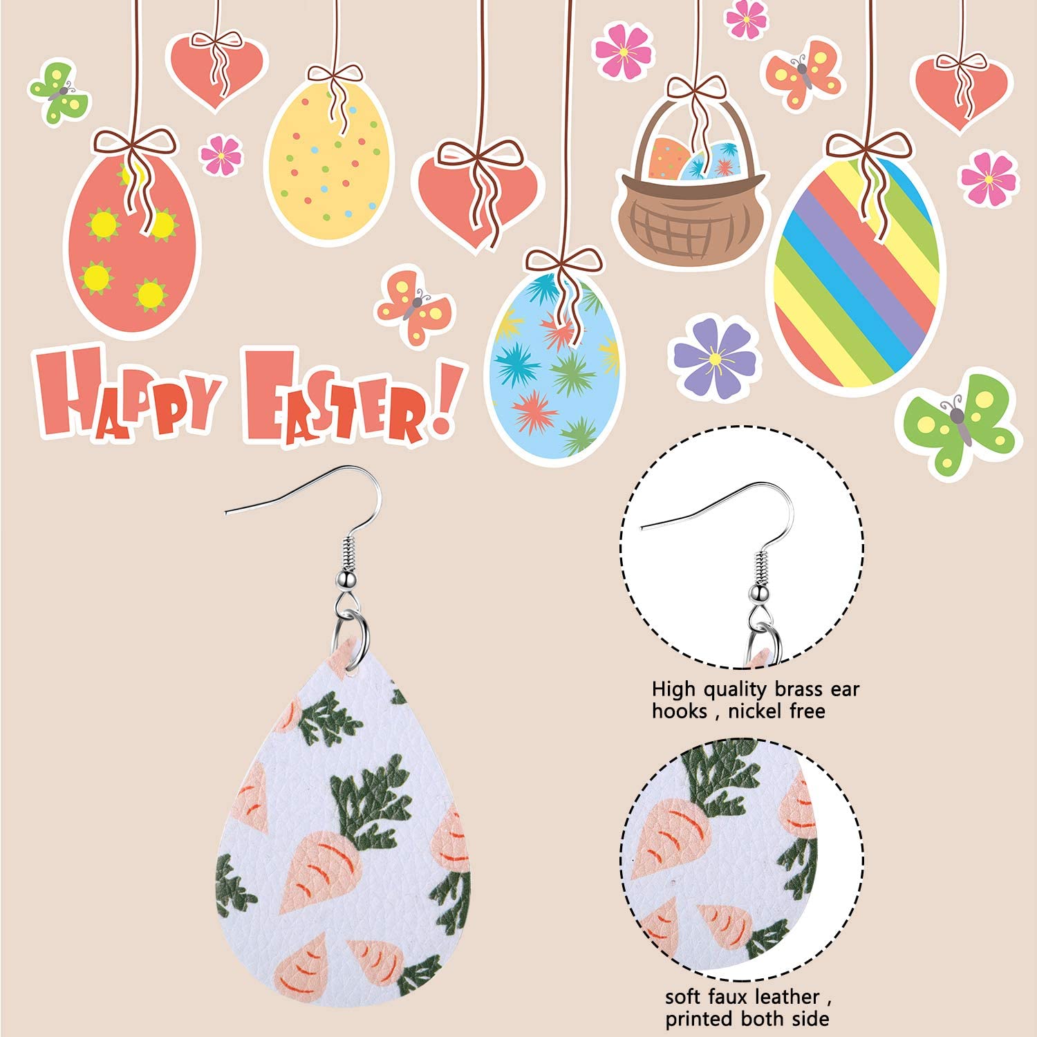 20 Pairs Easter Faux Leather Earrings Teardrop Lightweight Rabbit