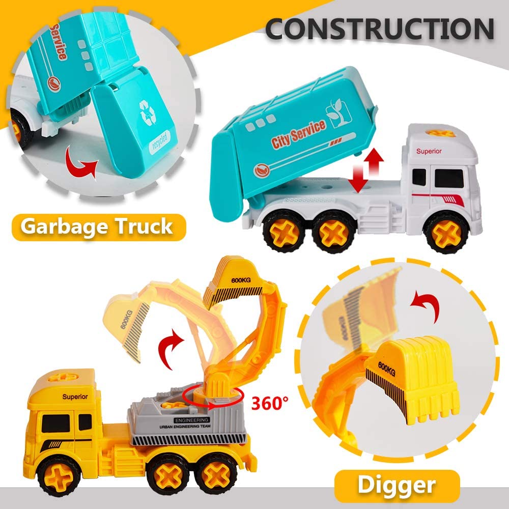 HERSITY 6PCS Take Apart Toys Construction Vehicles Set Building Trucks ...