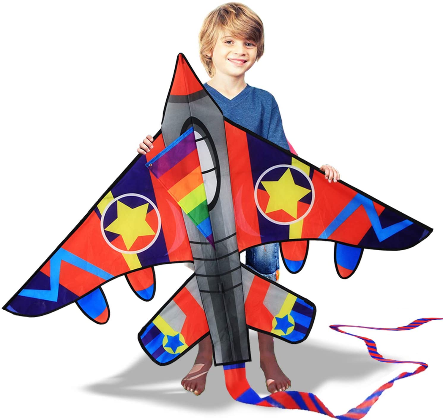 HONBO HUGE Fighter Plane Kite for Kids and Adults Easy 58" Wide with long tail 