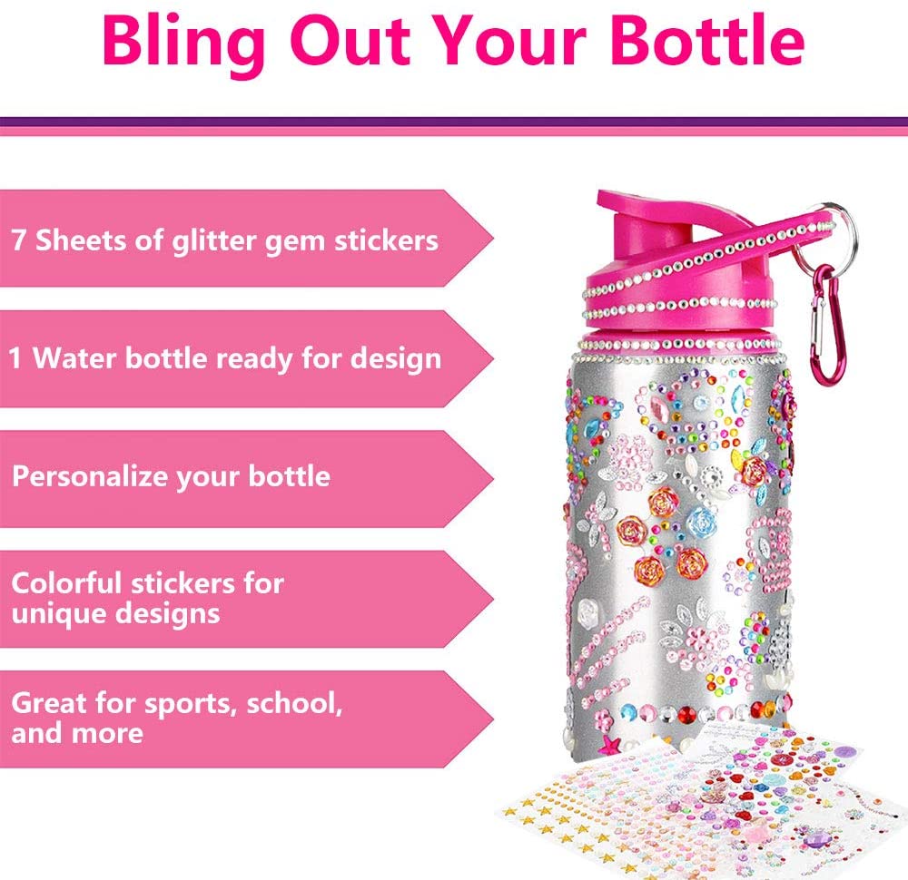  Decorate Your Own Water Bottle for Girls with Lots of Glitter  Gem Stickers - BPA Free, Fun DIY Arts and Crafts Activity ,Surprise Gifts  ,with a reusable Eco-Friendly Straw and Nail