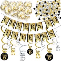 15th Birthday and Anniversary Decorations Party Pack - Cheers to 15 Years Banner, Balloons, Swirls and Confetti Party Supplies