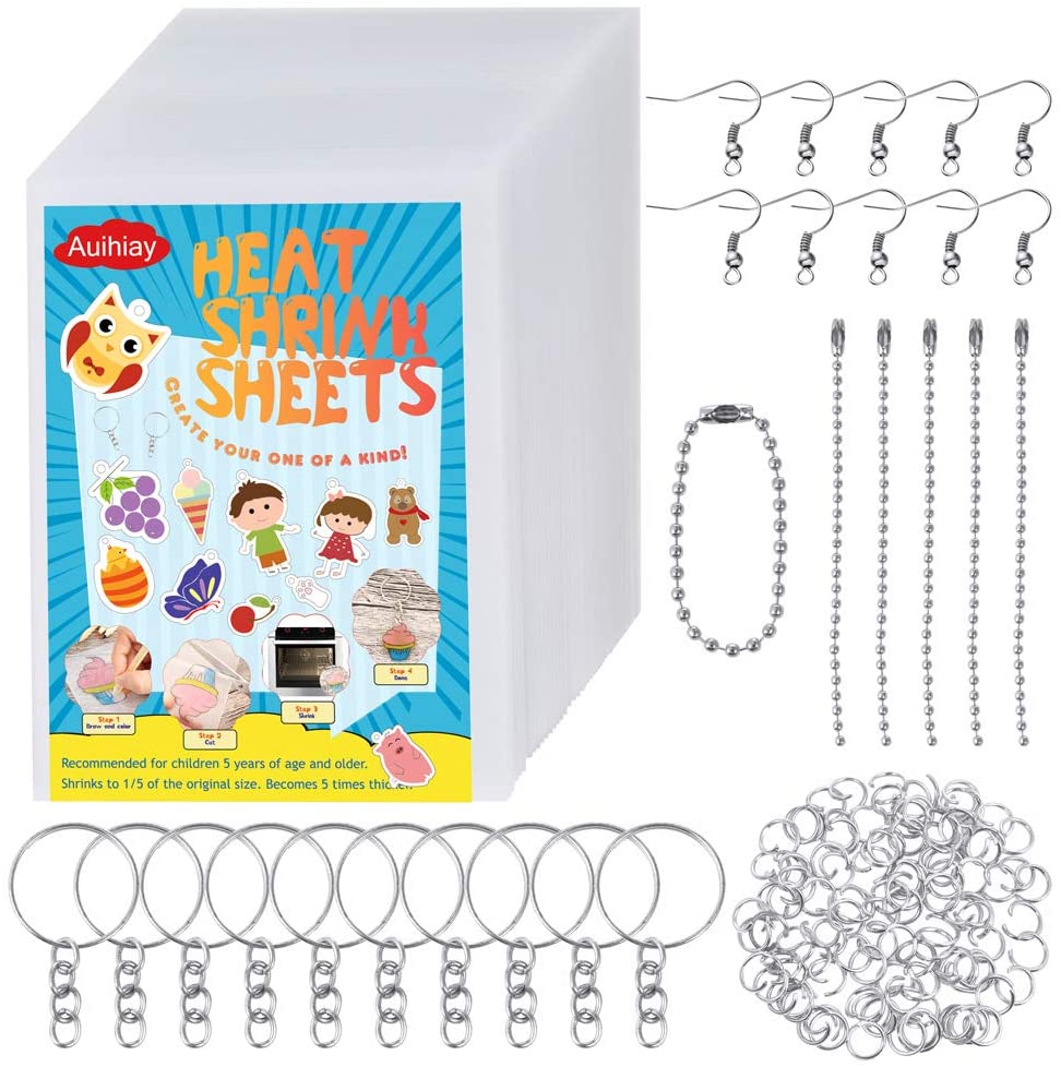 Auihiay 175 Pieces Shrinky Art Paper Kit Include 50 Sheets Heat Shrink Plastic and 125 PCS Keychains Accessories for DIY Ornaments or Creative Craft 