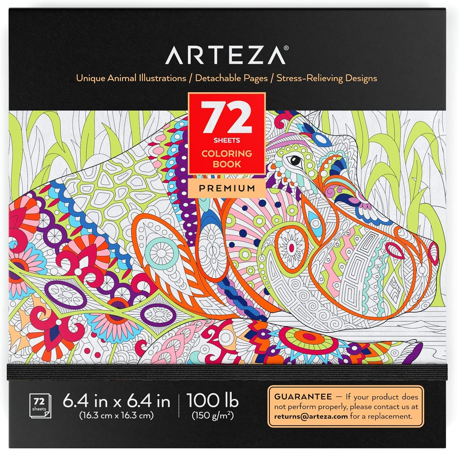 Arteza Colouring Book for Adults, Animal Illustrations, 72 Sheets, 100 lb, 6.4x6.4 Inches, for Anxiety, Stress Relief & Relaxing, Detachable Pages