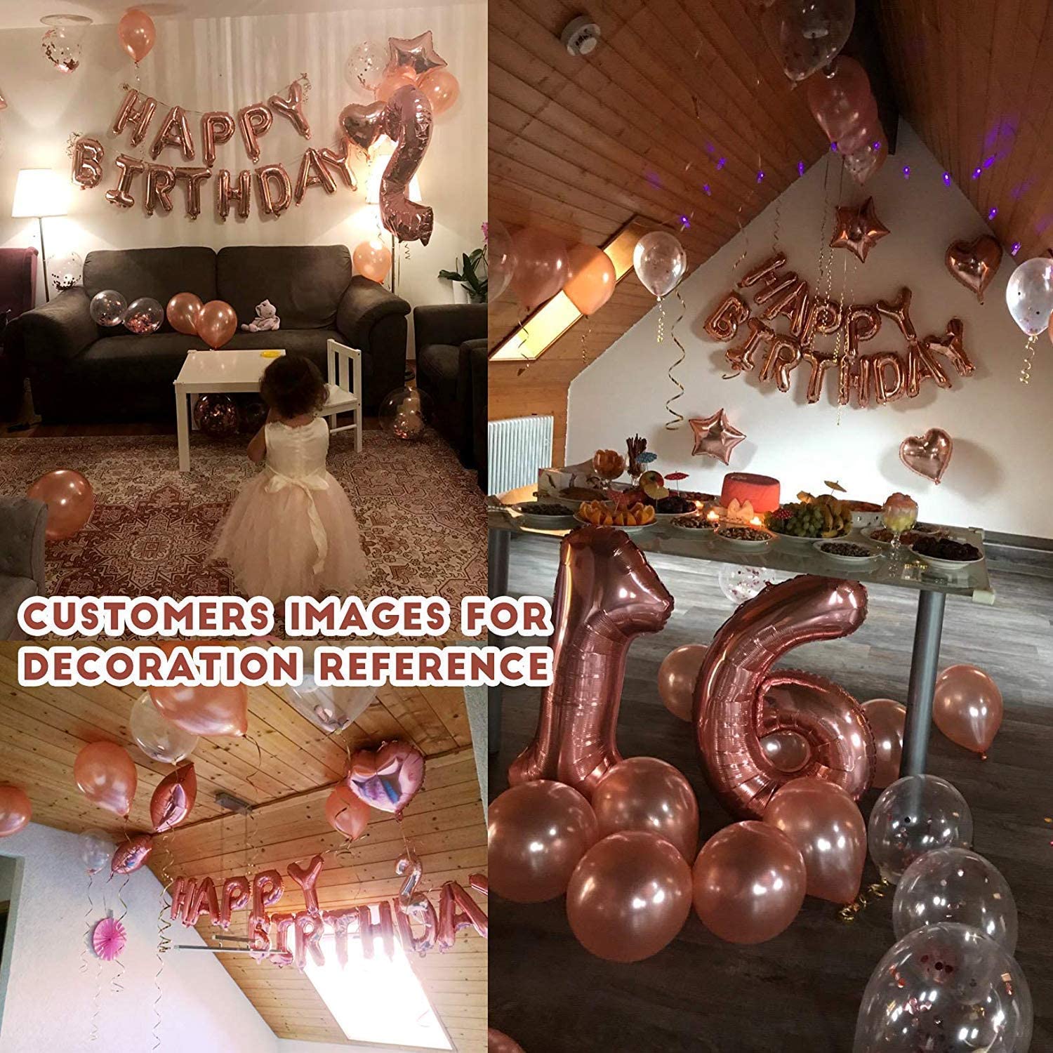 Birthday Decorations Rose Gold, Happy Birthday Balloon Banner Rose Gold Foil Tablecloth Fringe Shiny Curtains Cake Topper Confetti Latex Balloons for