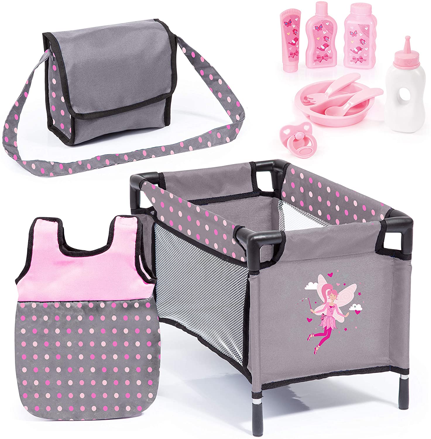 Bayer Design 61766AB, Care Set for Toddlers with many accessories, bed, shoulder, doll sleeping bag, 11 pcs, Grey, Pink with FAIRY