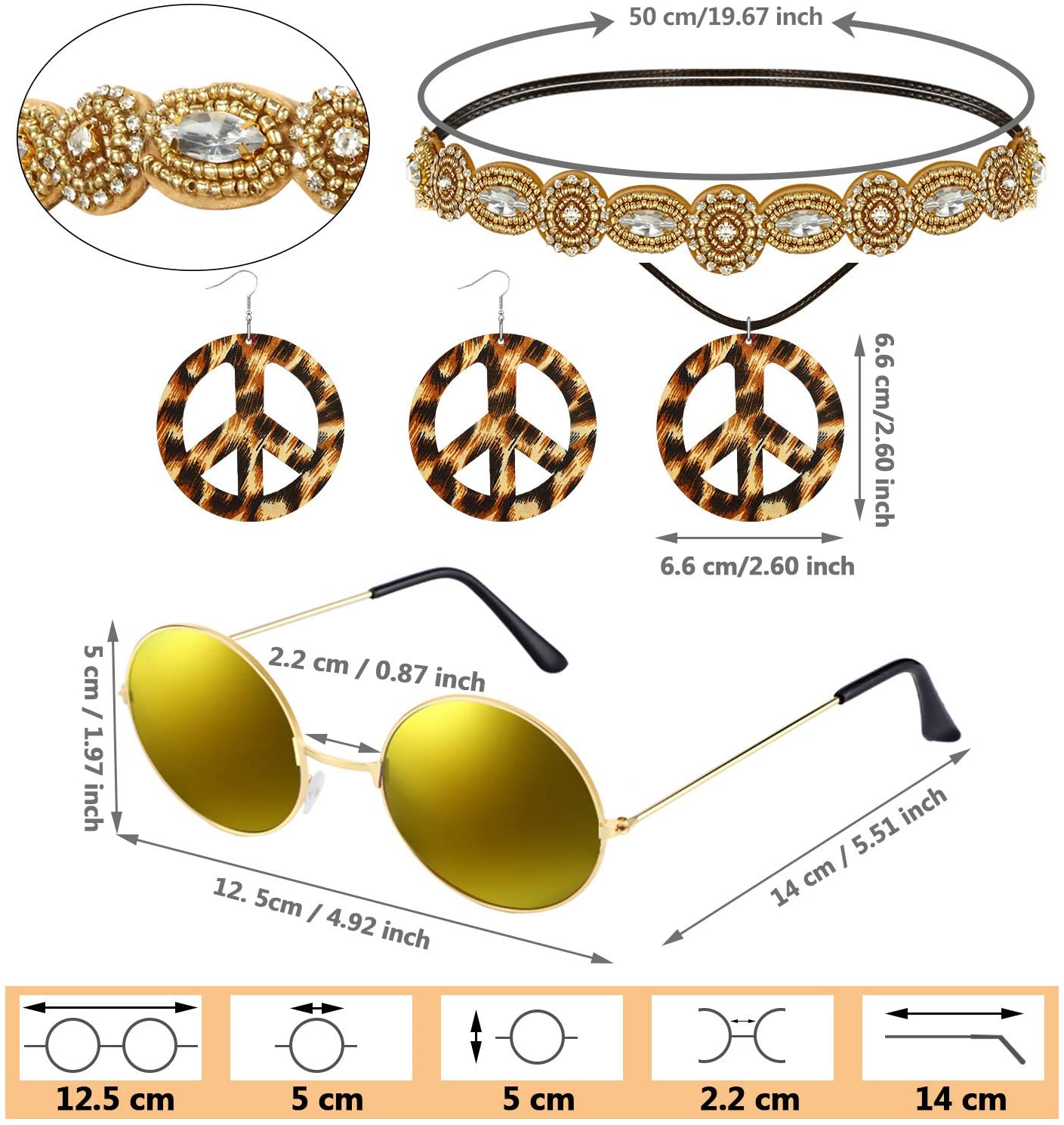 Frienda 6 Pieces 60s 70s Hippie Costume Accessories Peace Sign Boho Set  (Medium) – TopToy