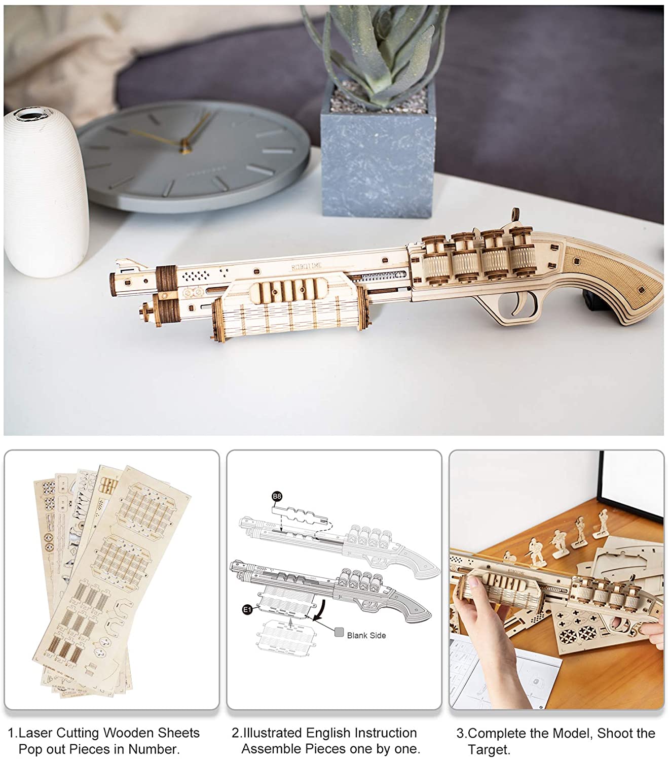 ROBOTIME Wooden Model Kits for Adults Rubber Band Gun 3D Puzzle TERMINATOR M870 Mechanical