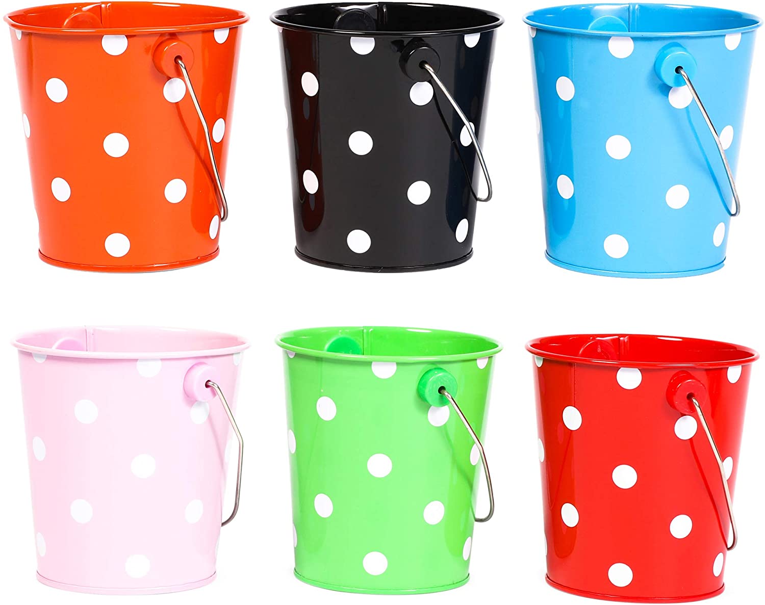 Juvale Mini Metal Buckets with Handles, Polka Dot Pails for Party Favors (6  Pack)