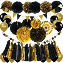 Zerodeco Black and Gold Party Decorations, Hanging Paper Fans Pom Poms Flowers Tassel Garlands String Triangle Bunting Flags and Balloons for Birthday Party Wedding D&eacute;cor Graduation Decorations