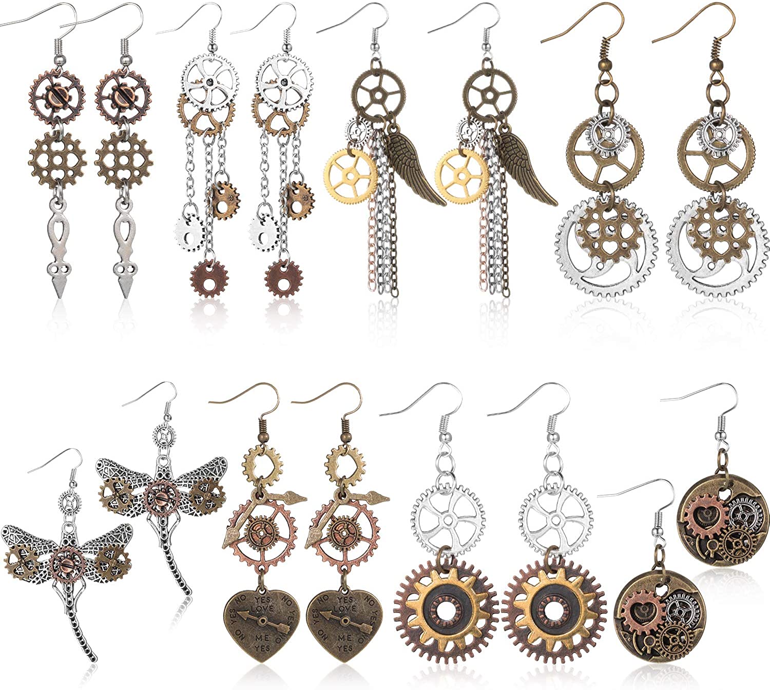 8 Pairs Steampunk Drop Earrings Gear Dangle Earrings Antique Clockwork Earrings Vintage Mix-tone Earrings for Women Girls