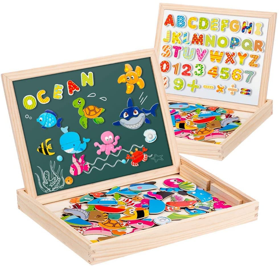 Kids Wooden Jigsaw Puzzles Magnetic Double-sided Game Writing Drawing Board Toy 