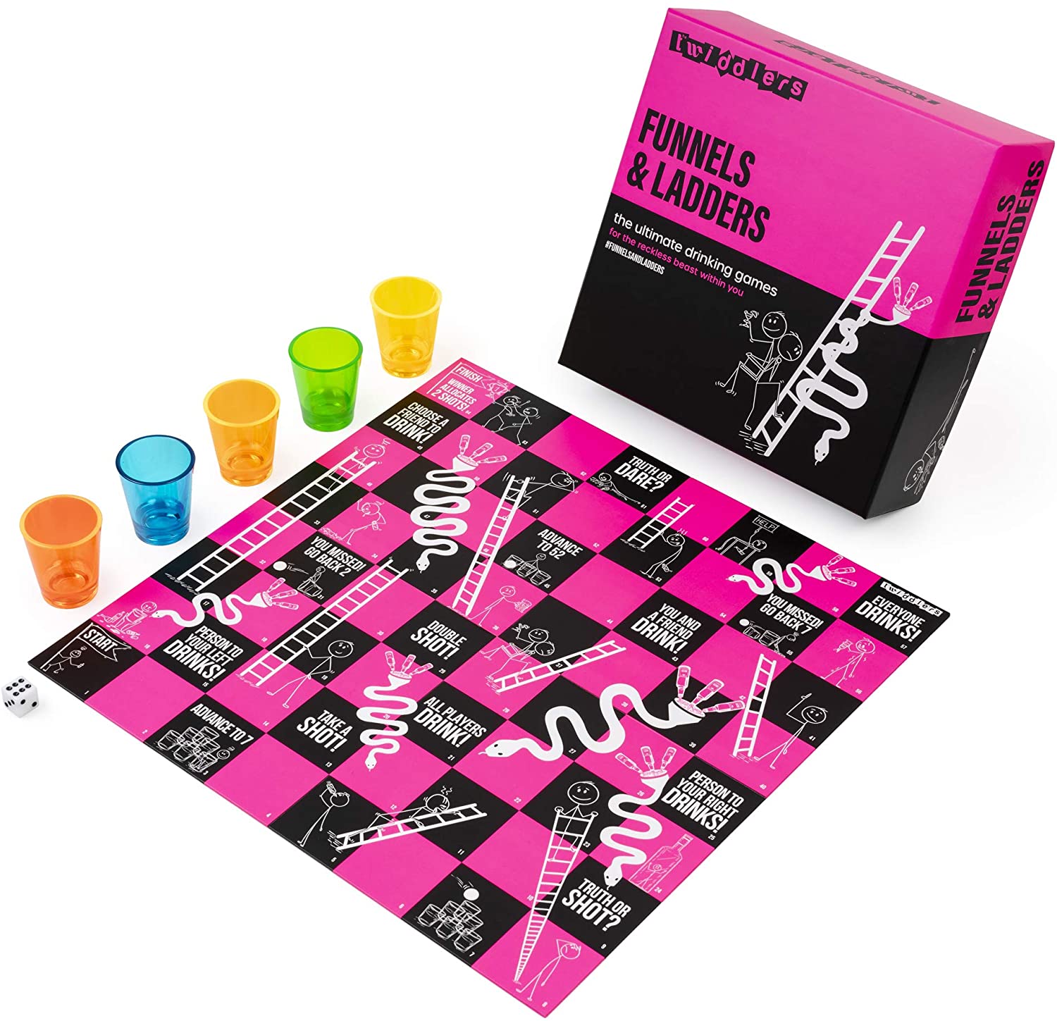THE TWIDDLERS Snakes and Ladders themed Drinking Party Game, Funnels
