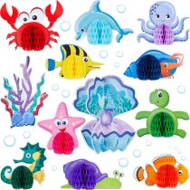12 Pieces Sea Animal Honeycomb Centerpiece Under the Sea Party Decorations Supplies Ocean Themed Marine Creature Decoration Fish Mermaid Table Honeycomb for Beach Themed Birthday Party Baby Shower