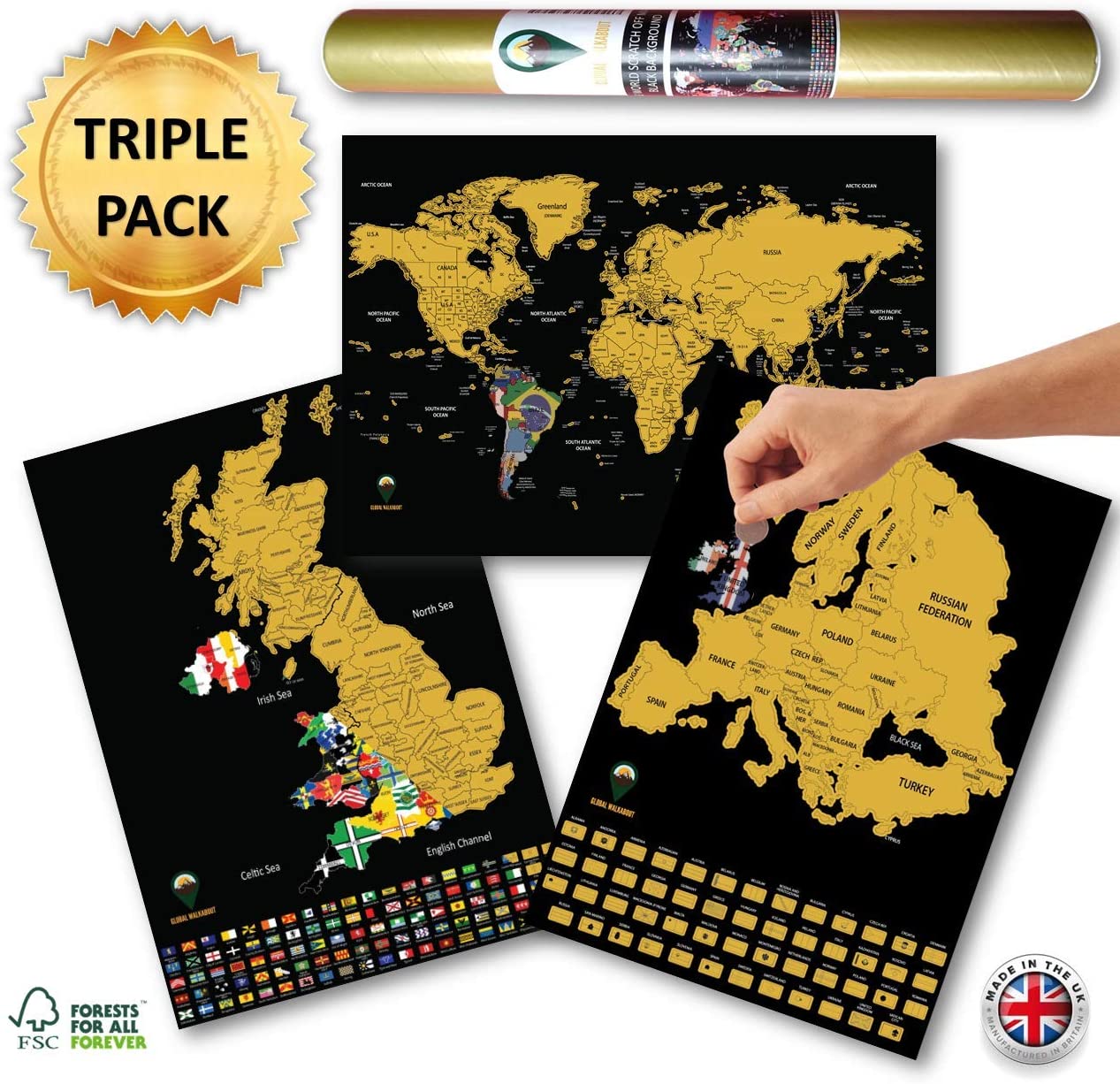 Global Walkabout Scratch Off World, Europe and UK Map with Flags background  – Deluxe Travel Size World, Europe and UK Map Poster – Countries and Facts  – Travel Gift (Black) – TopToy