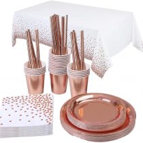 Topways&reg; Rose Gold Party Tableware, Party Supplies Gold Dot Tablecloth Plates Cups Straws Foil Napkins Paper Disposable Dinnerware Set for Birthday, Weddings, Anniversary Decorations (16 Guests)