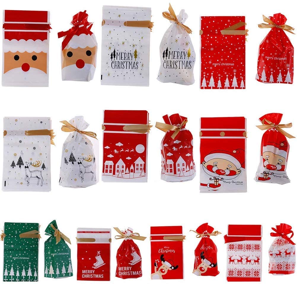 WWmily 100 Pcs Christmas Candy Treat Bags with Drawstring Cookie ...