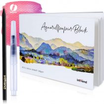 int!rend Watercolour paper 300 g DIN A5, 40 white glued watercolour paper sheets | Watercolour pad with a pencil and a water tank brush for acryl, paintings, sketchbook, watercolors