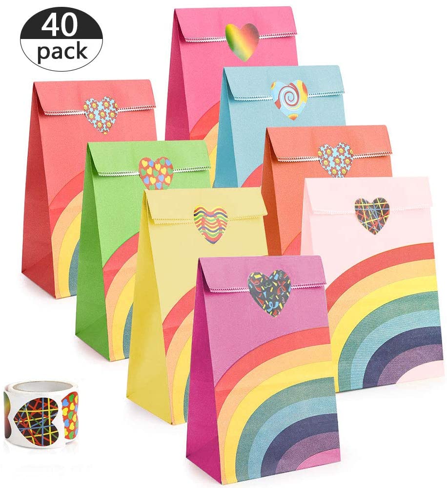 Dsaren 40 Pcs Rainbow Party Bag with 100 Heart Stickers Reusable Paper ...