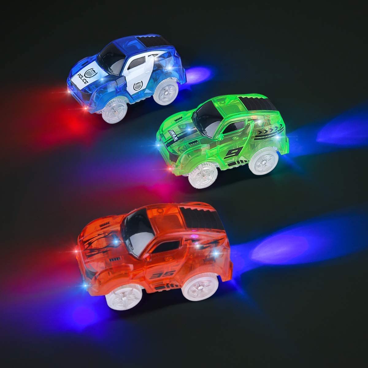 Compatible with Most Tracks Including Magic Tracks 4 PACK Light Up Toy Cars with 5 LED Each For Boys and Girls Colors may varies Blue and Green Sport Jeeps & Blue and Yellow School Bus 