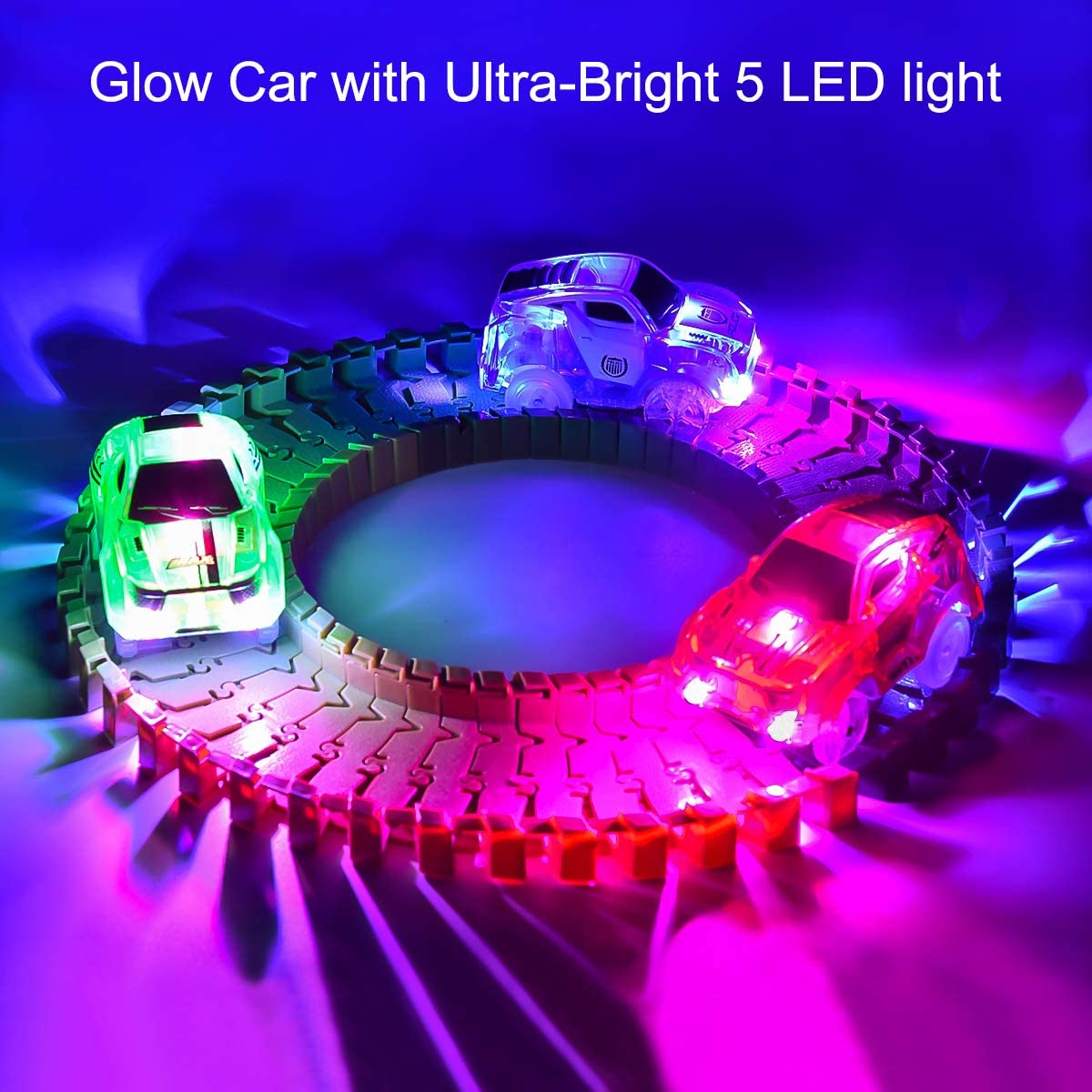3 Pack Track Cars with 5 LED Flashing Lights Transparent Magic Car Toys with DIY 