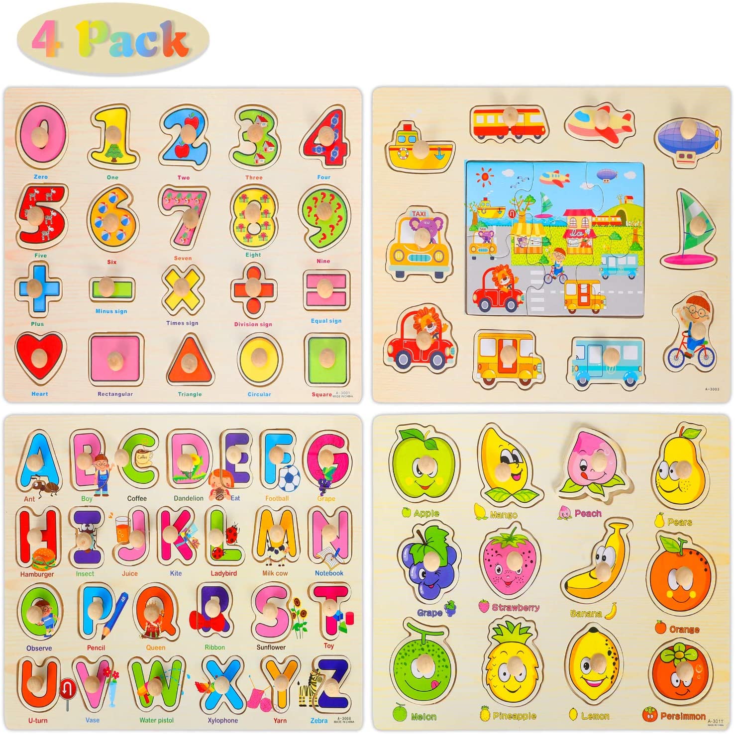 Early Toy Ucradle 4 Pieces Wooden Jigsaw Puzzles Alphabet/Number/Vehicles/Fruit 