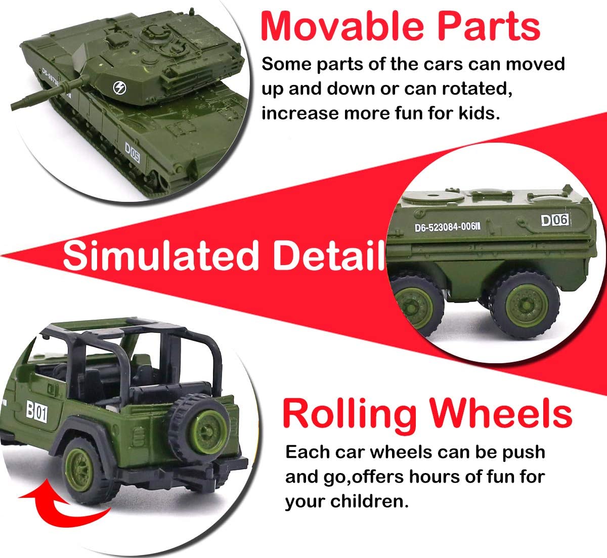 YIMORE Die-cast Metal Military Car Playset Alloy Models Toy Vehicle Army Toys for Kids Toddlers Boys 5 pcs 