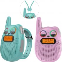 QNIGLO Rechargeable Kids Walkie-Talkies with FM Radio, 2 Miles Range, Twinkling LED Eyes, Wearable Watch Walkies Talkies Toys for Kids Bicycling, Hiking, Camping, Running