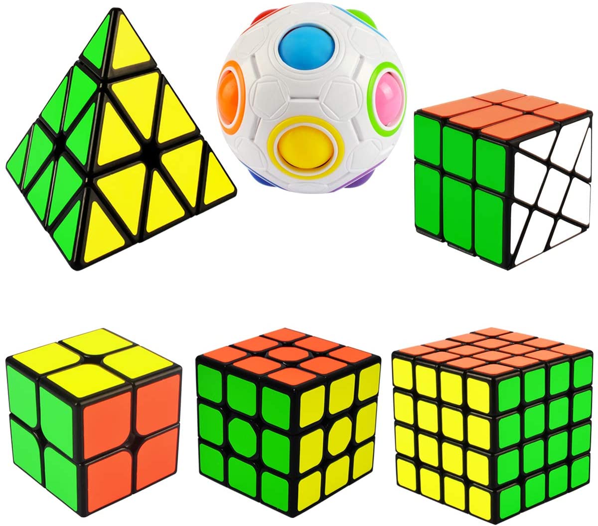 Coolzon Magic Cube Set, 6 Pack Speed Magic Cubes Pyraminx + 2x2 + 3x3 + 4x4  + Magic Rainbow Ball + Fenghuolun Magic Puzzle Cube Toys for Boys Girls 
