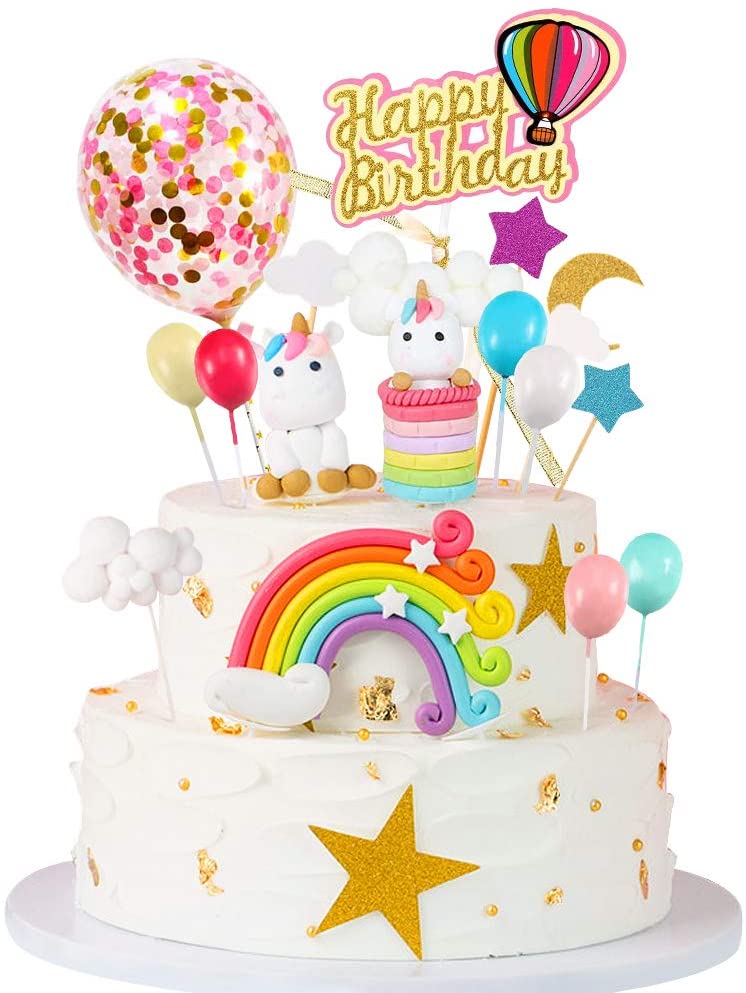 MMTX 15pcs Unicorn Cake Topper Birthday Cake Decorations for Girl Rainbow Cake Topper with Happy Birthday Banner,Balloons,Unicorn,3D Cloud,Rainbow,Moon and Star Topper for 1st 2nd Kids Birthday Party 