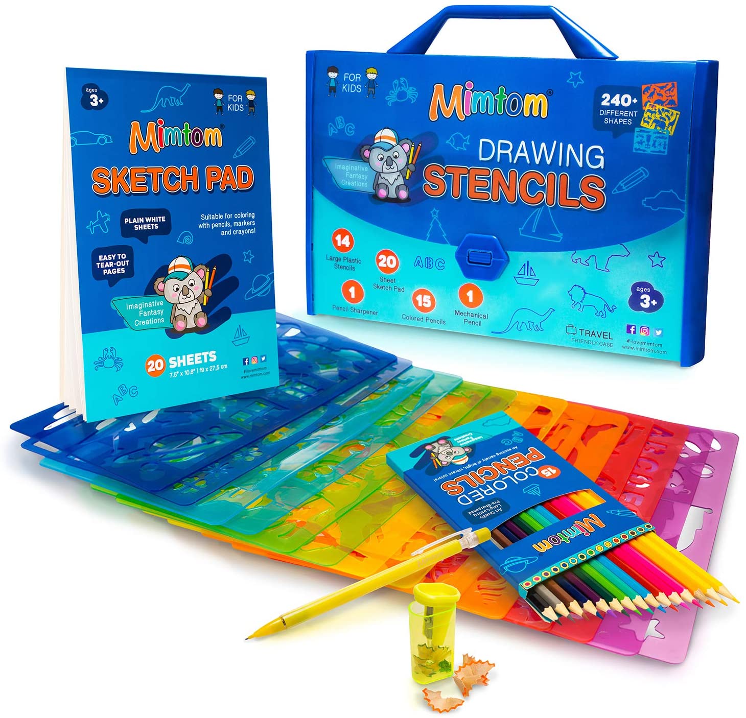 Mimtom mimtom drawing stencil kit for kids, 58 pc art set with 370+ shapes,  sketch pad, and colored pencils for diy arts and crafts