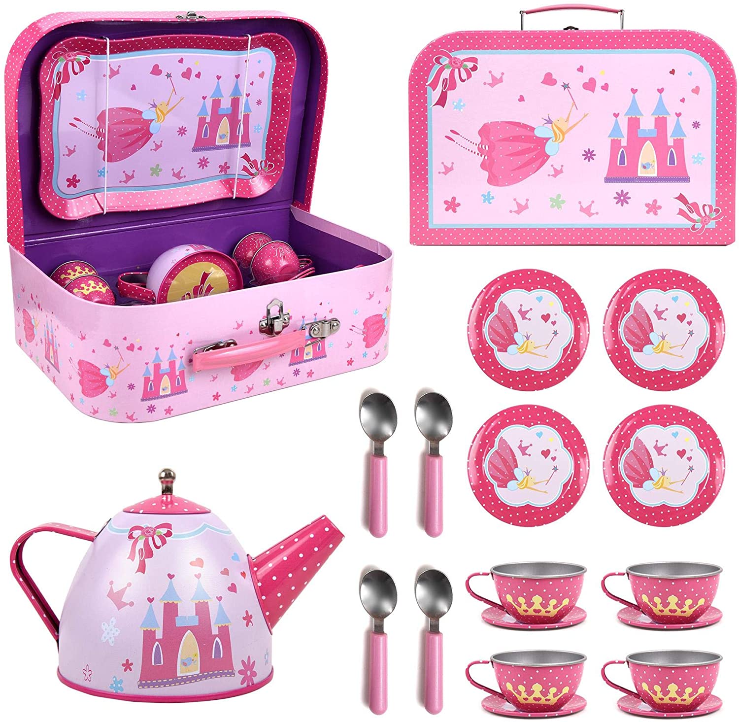 SOKA Fairy Tale Princess Metal Tin Teapot Set with Carry Case Toy for ...