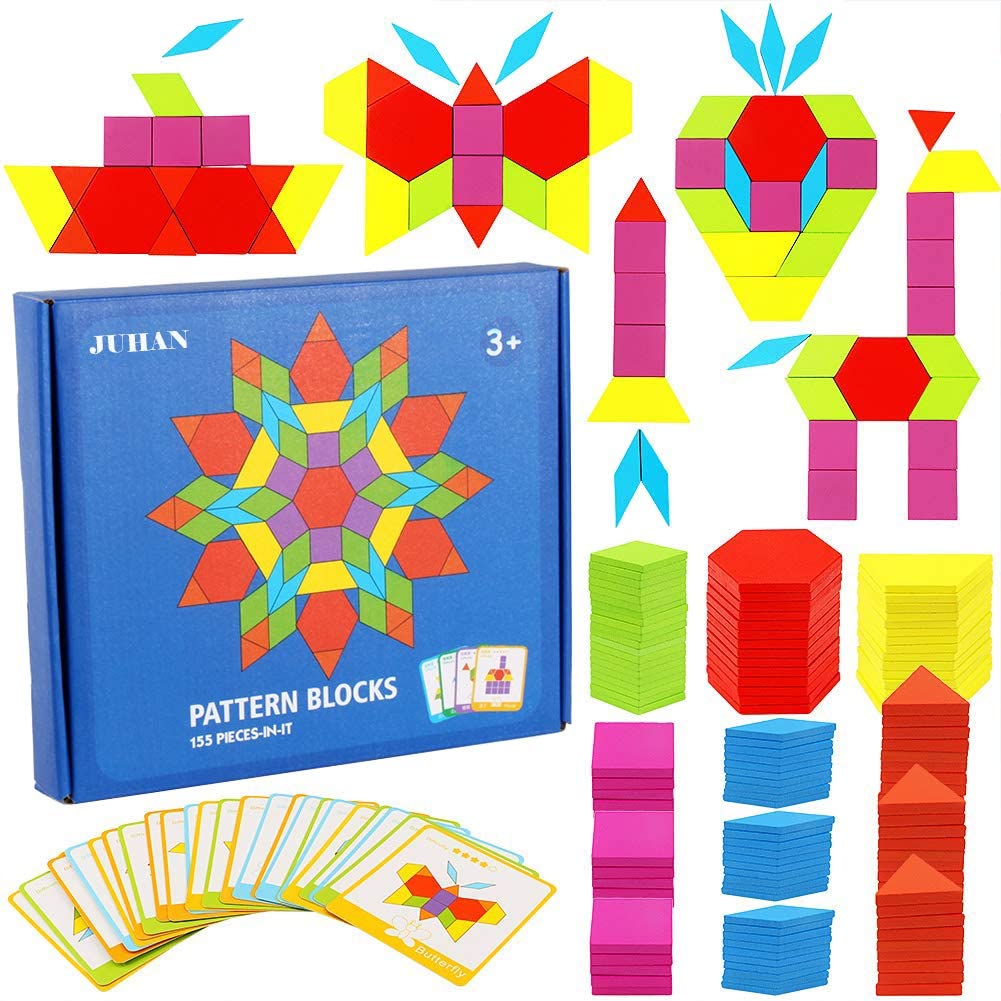 USA 155pcs Creative Puzzle DIY Wood Pattern Blocks Box Montessori Learning Toys 