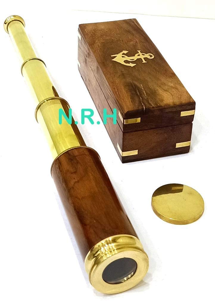 ITDC Nautical Brass Handheld Telescope Spyglass With Wooden Box – Pirate Ship Decor Or Costume Prop