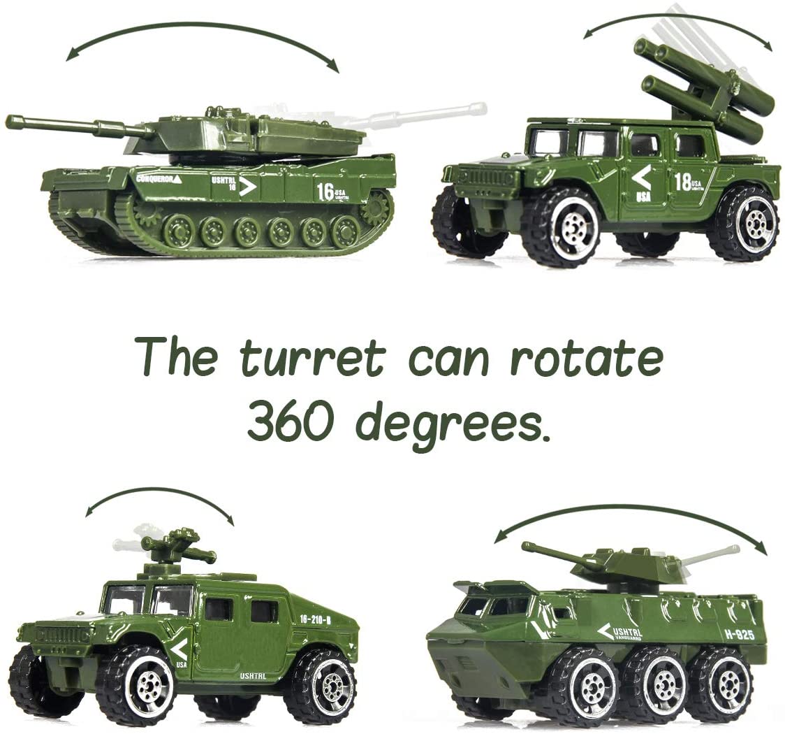 18 Pack Die-cast Military Vehicles Sets,6 Pack Assorted Alloy Metal Army Models Car Toys and 12 Pack Soldier Army Men Mini Army Toy Tank,Panzer,Anti-Air Vehicle,Helicopter Playset for Kids Boys