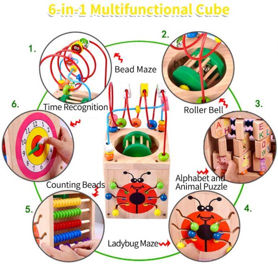 Wooden Activity Cube 6 in 1 Activity Center Toy Baby Bead Maze Toy Educational Wooden Toy Gift