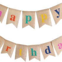 kuou Happy Birthday Bunting Banner, 11.5 Feet Burlap Banner with 13 Pieces Swallowtail Flag Jute Vintage Fabric Cloth Flags Shabby Chic Decoration for Birthday Parties
