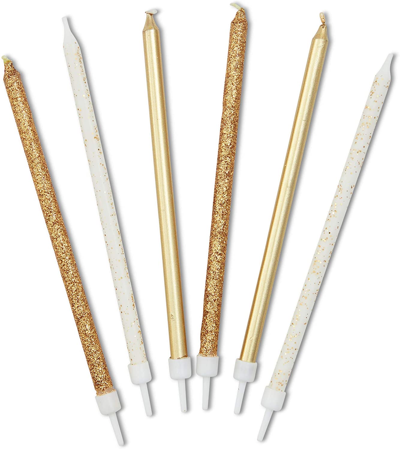 2 Boxes of 24 Pack Long Thin Candles, White with Gold Glitter, Gold