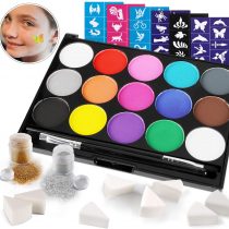 HOWAF Body Painting Face Paint Kit, 15 Color Non-Toxic Professional Palette, 60 Stencils, 2 Brushes, 8 Sponges, 2 Glitters for Halloween Party Colsplay Makeup Body Festive Face Paint Kids