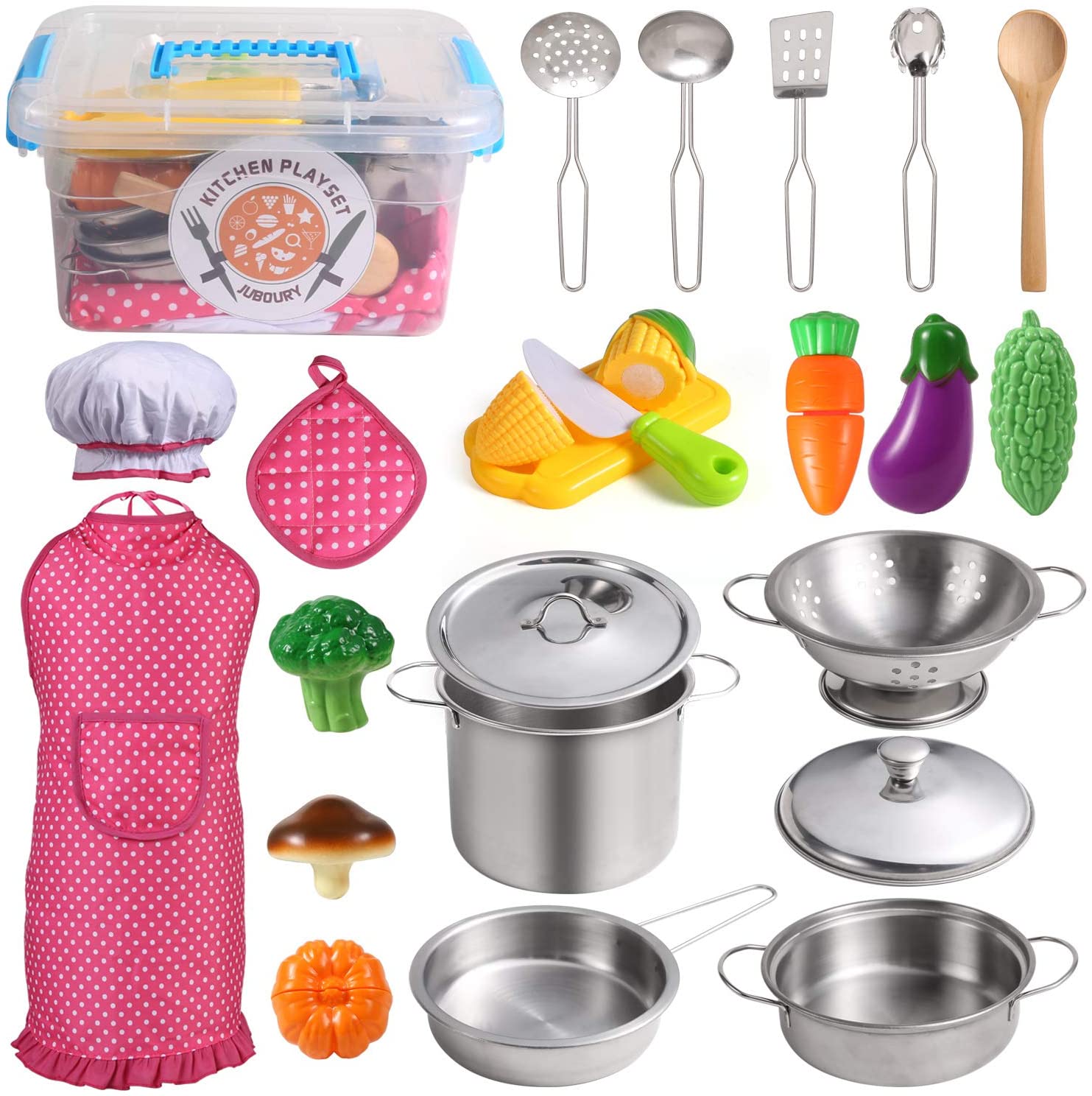 Juboury Play Kitchens Accessories Toys with Stainless Steel Cookware Pots and Pans Set, Cooking