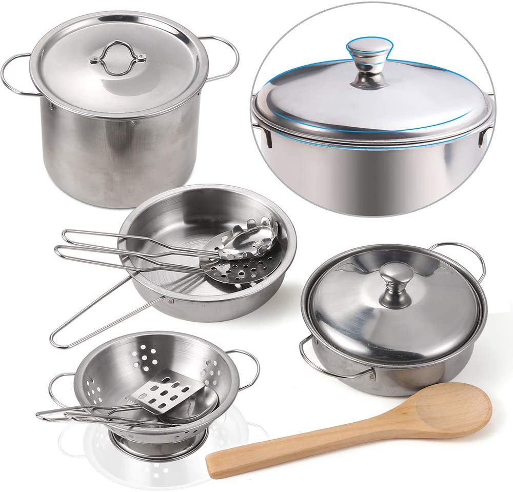 Juboury Play Kitchens Accessories Toys with Stainless Steel Cookware