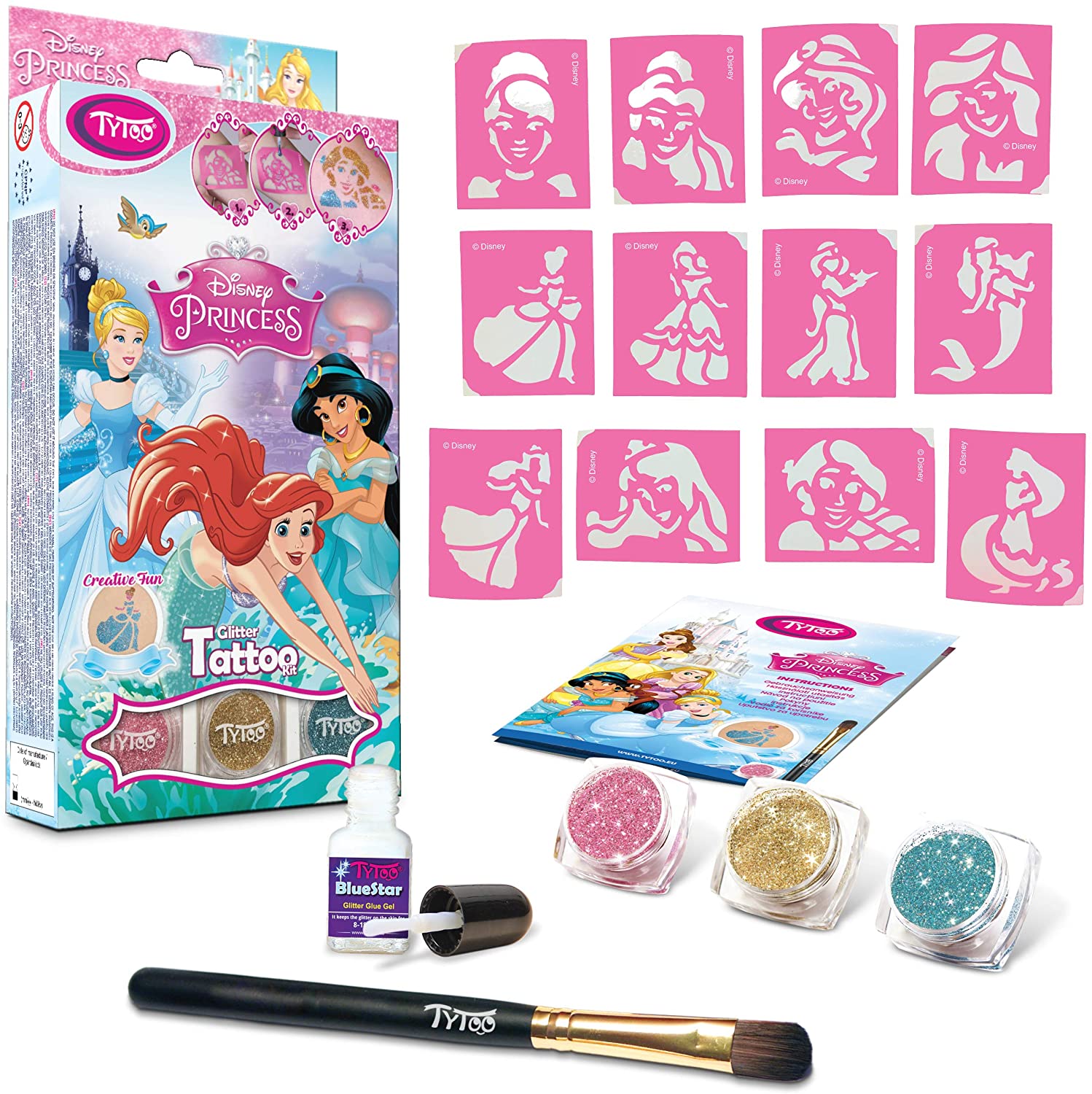 TyToo Princess Glitter Tattoo Kit for Girls with 12 pcs stencils