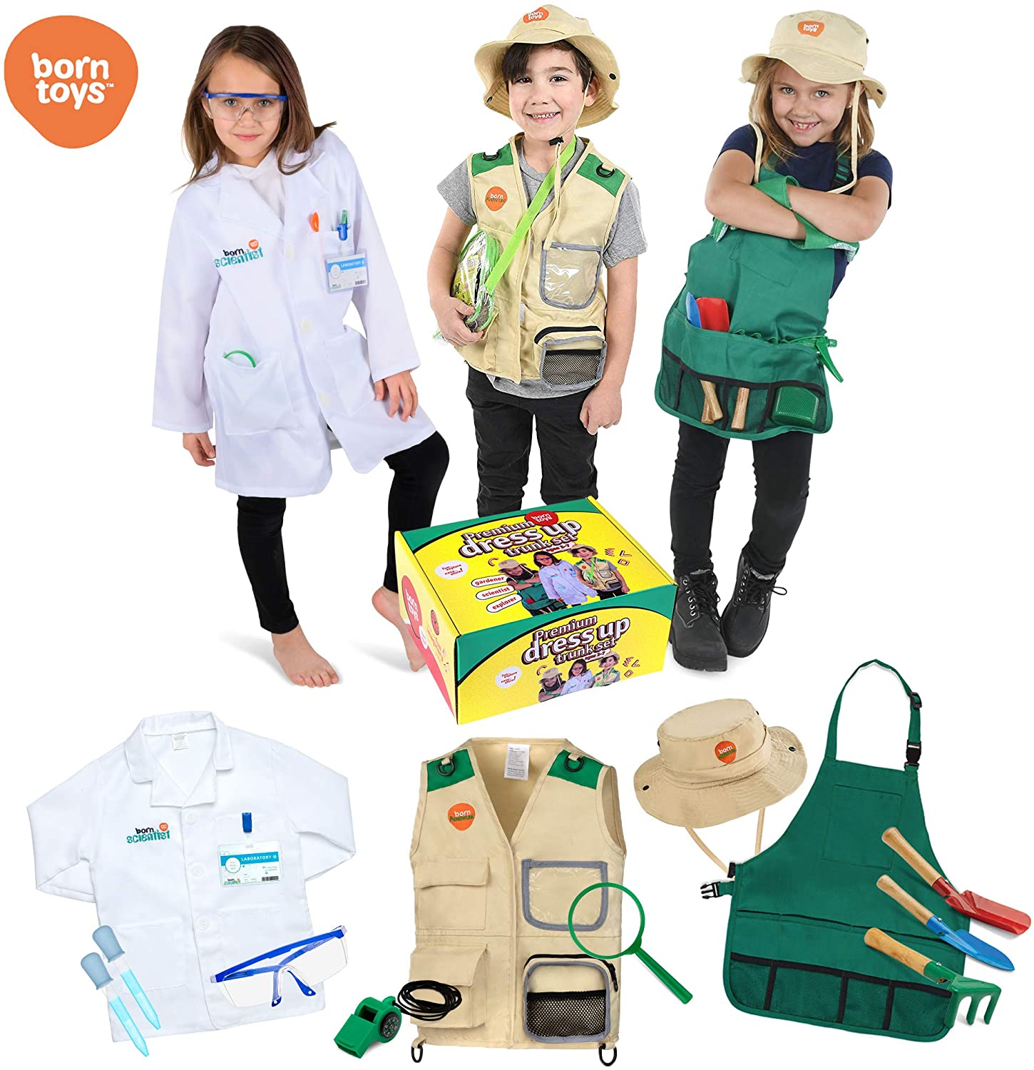 Born Toys Deluxe Premium Washable Hero and Dress up Trunk Set Bundle  Includes Fireman,Policeman,Doctor,Construction worker,Gardener,Chef  Costumes for