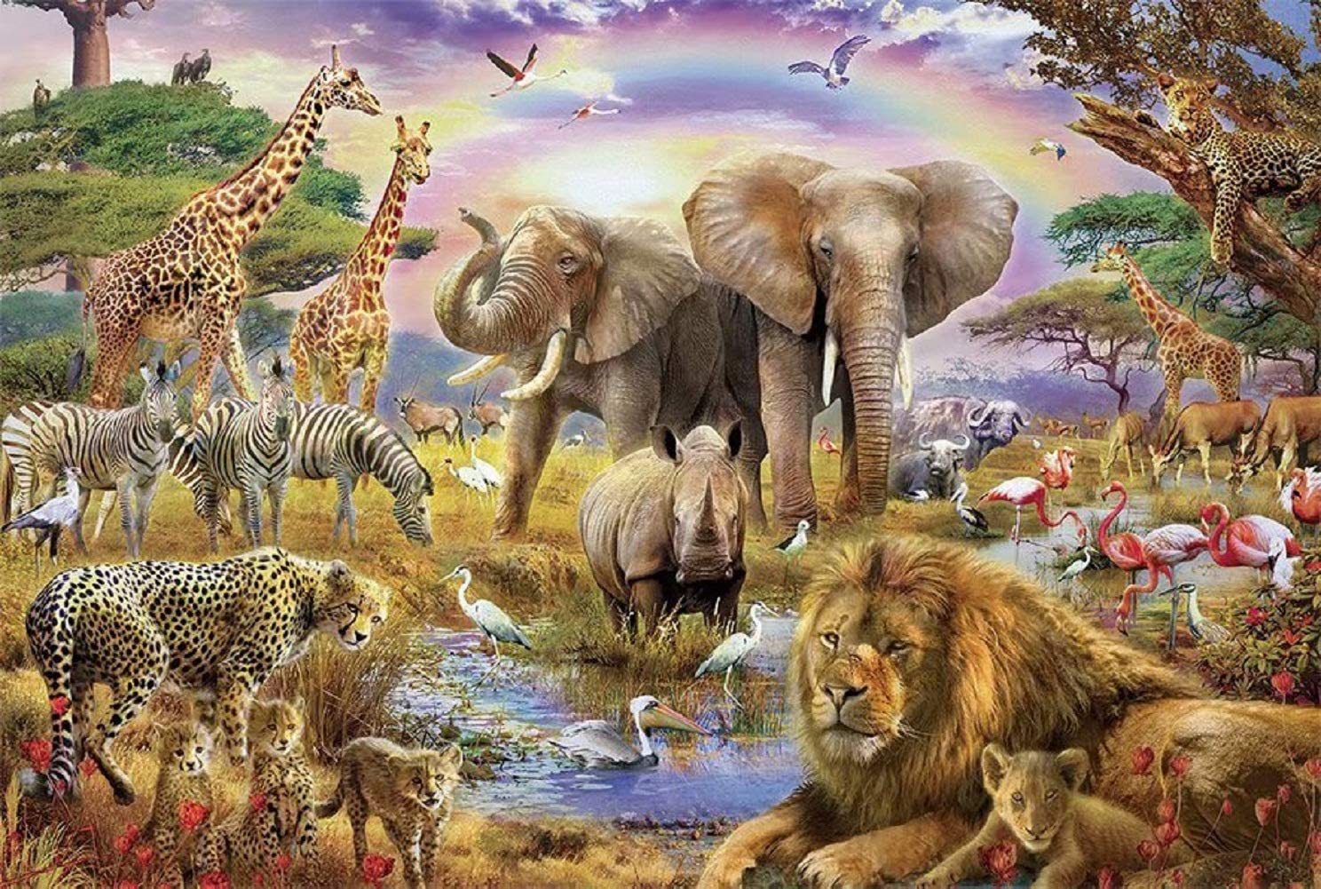 Queenie 1000-Piece Jigsaw Puzzle – African Jungle Animals Sunset Scene, Wooden Pieces, 30x20 Inches