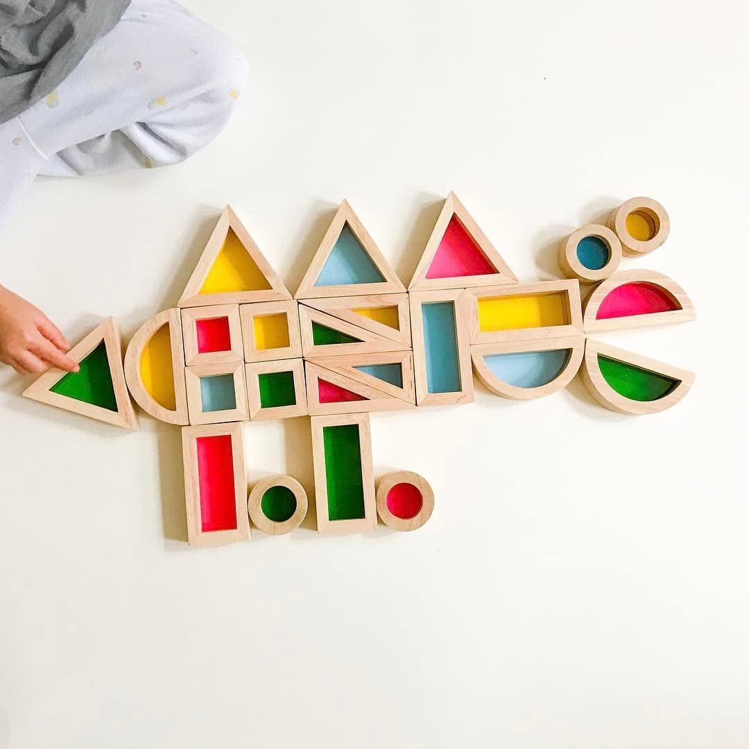 BOHS Rainbow Sensory Blocks (24 pcs) - Wooden Toys for Toddler Gift- Play  on Light Table/Sunny Window