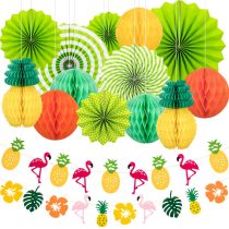 Whaline Summer Party Decoration Set Hanging Paper Fans Pineapple and Flamingo Flower Garland Banner for Hawaiian Luau Beach Birthday Wedding Photo Backdrop