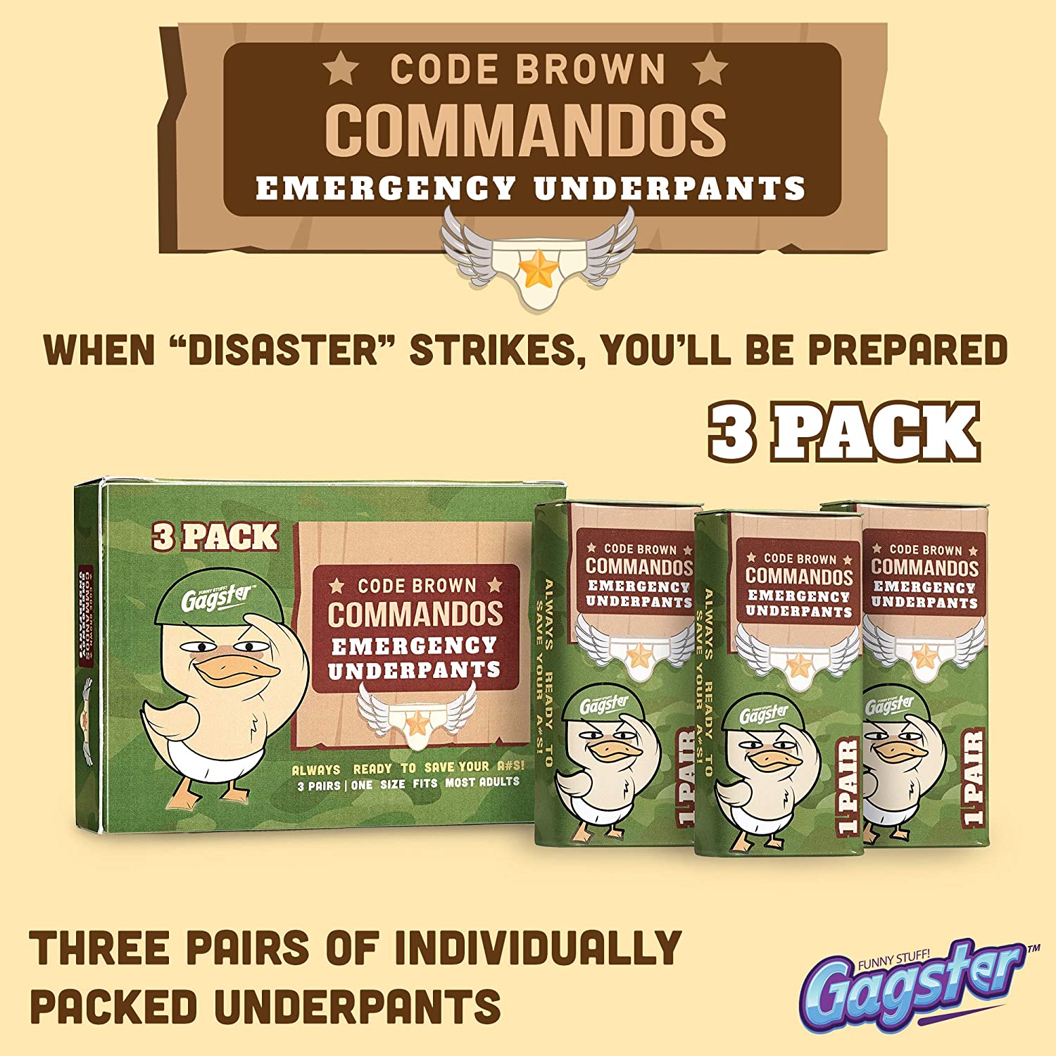Gagster Code Brown Commandos Emergency Underpants in a Can (3 Pairs), Instant  Undies Make a Terrific White Elephant Gag Gift, Funny Party Goods