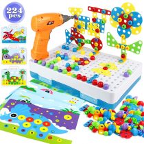 224 PCS Kids Peg Boards Tool Set Dinosaur Puzzle 3D Mosaic Kit Drill Board Game for kids Montessori Toys Educational Building Blocks Puzzle Game ,Construction Plugging Toys for Boys Girls Age 3 4 5