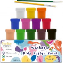 Creative Deco Washable Kids Poster Paint Set | 20 ml x 12 Pots | Children Toddlers Finger Paints | Basic, Vibrant, Pigmented & Intense Colours | Safe & Non-Toxic | Quick Drying & Matte Finish